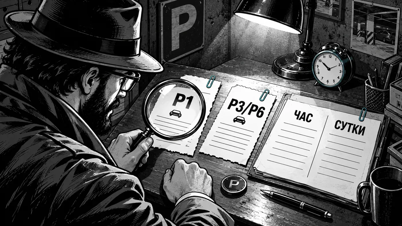 Нуар-комикс: детектив изучает парковочные талоны P1 и P3/P6 и сравнивает почасовую и суточную оплату
