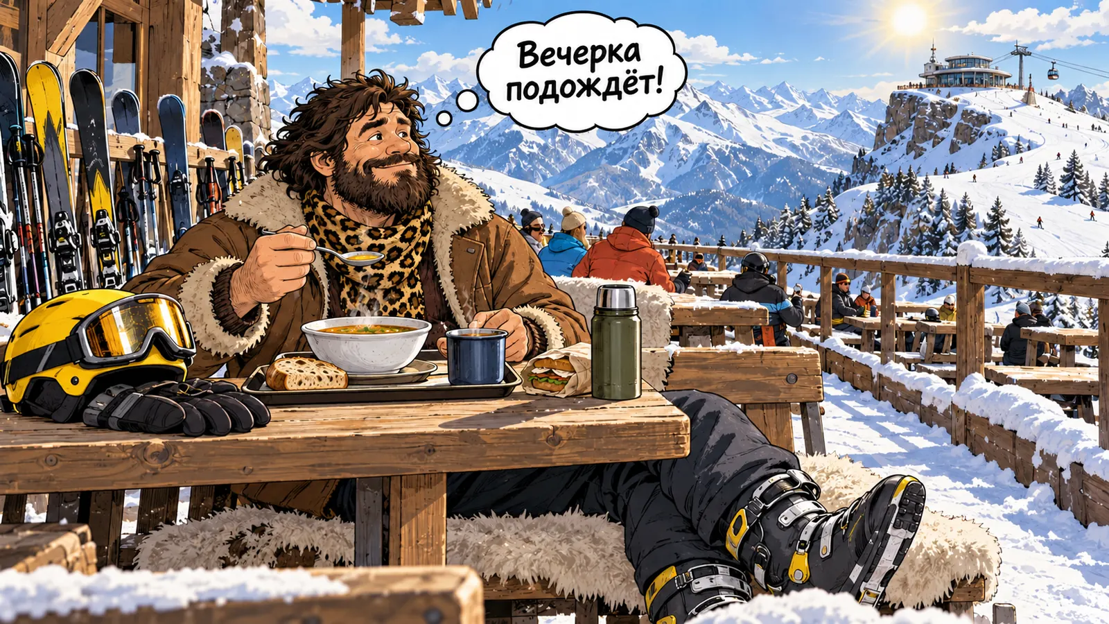 Комикс: лыжник отдыхает с супом и термосом на горной террасе и думает: «Вечерка подождёт!»